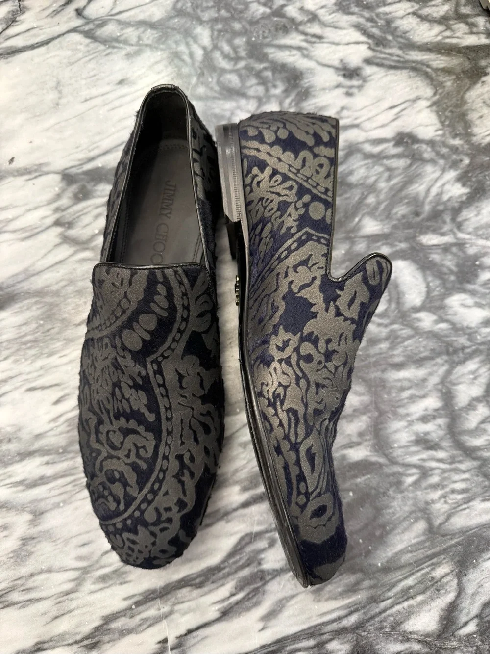 Jimmy Choo Black & Gray Damask Velvet Slip-On Loafers